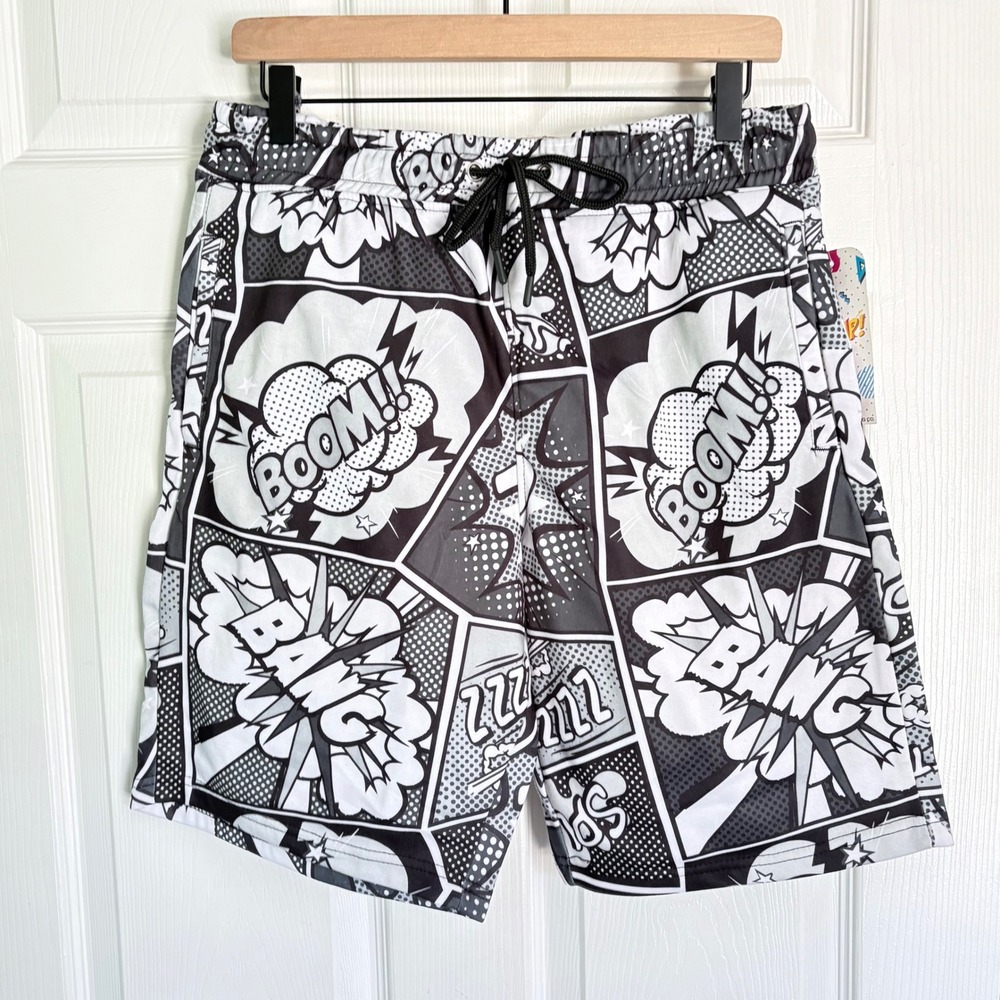 NEW Drill Clothing Co Swim Shorts Medium Grey Comic Book Pop Art D2307-Y2821 NEW